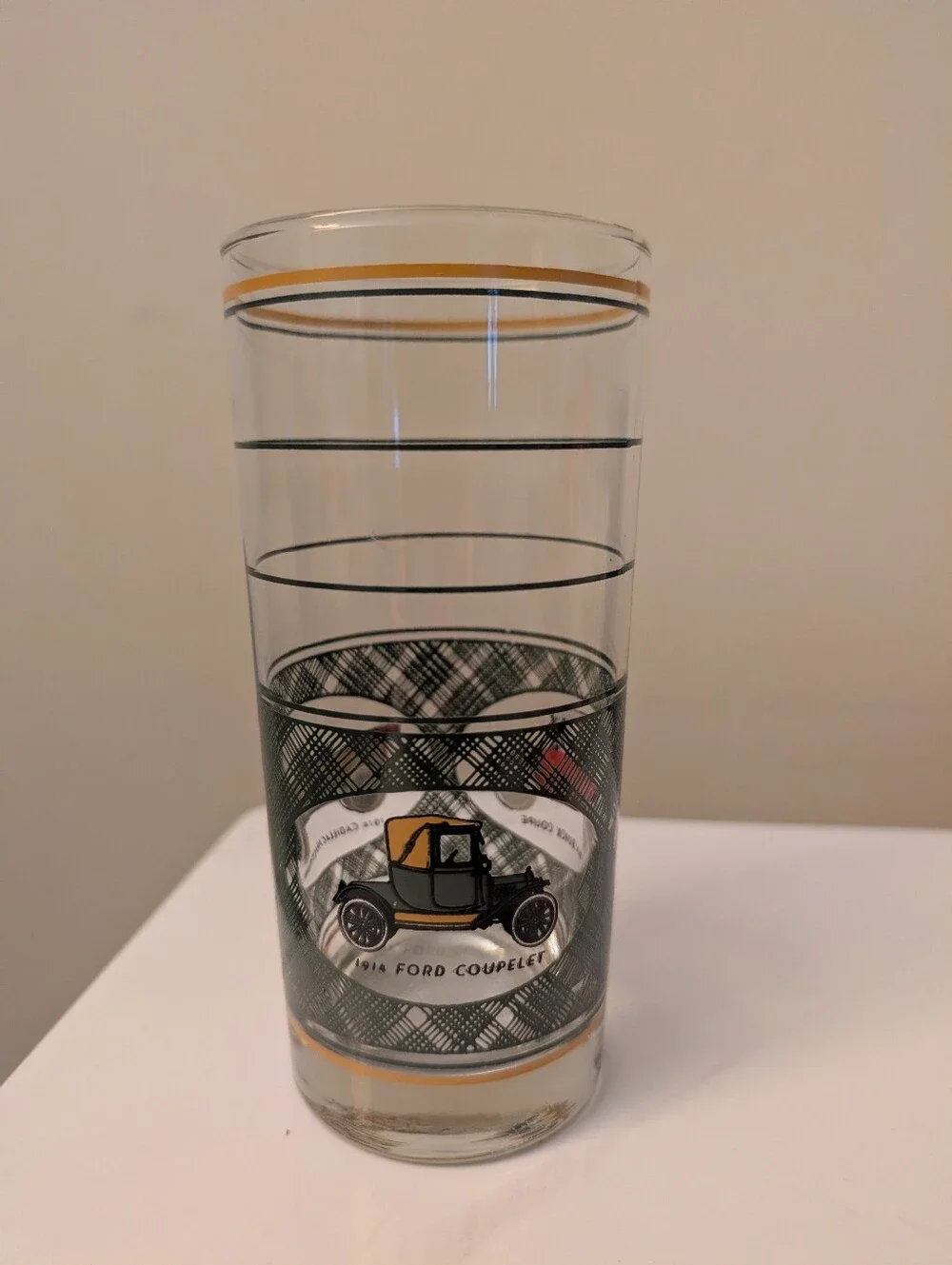 MCM Vintage Libbey Classic Antique Cadillac Plaid Tumbler Glass Gold Rim